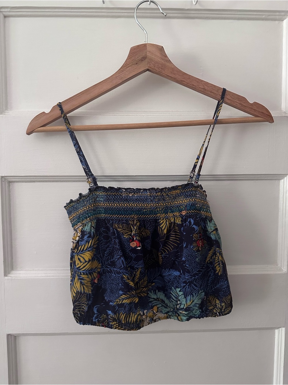 Convertible Navy Tropical Print Smocked Crop Top